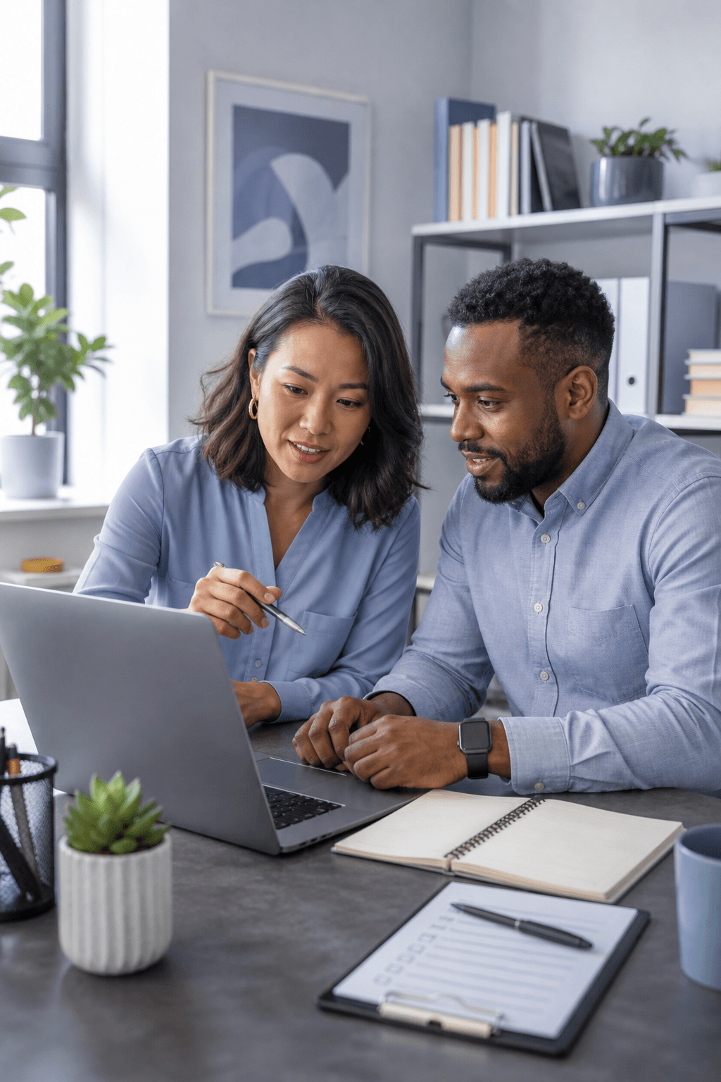 Business professionals reviewing digital and operations work together